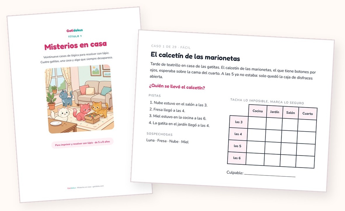 Gatidoku 1: portada y página de caso con la cuadrícula