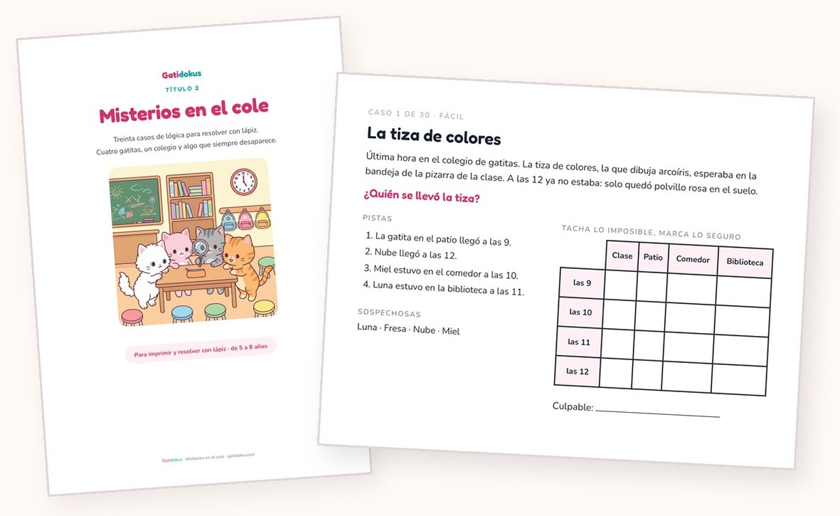 Gatidoku 2: portada y página de caso con la cuadrícula