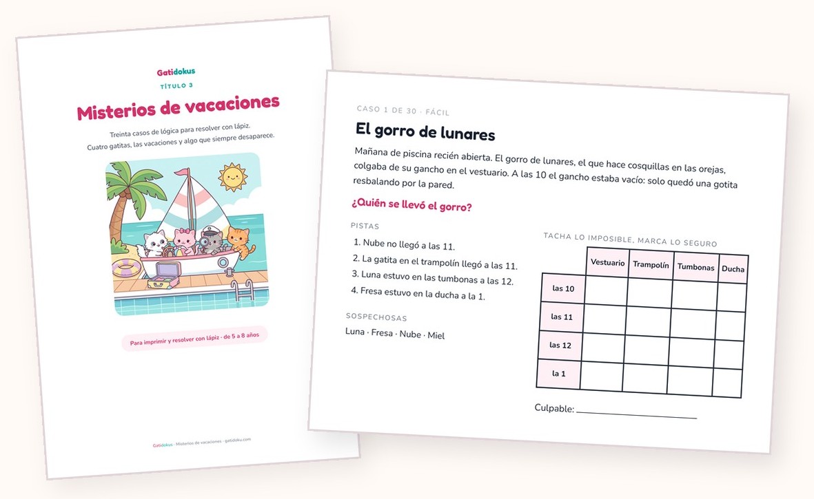 Gatidoku 3: portada y página de caso con la cuadrícula