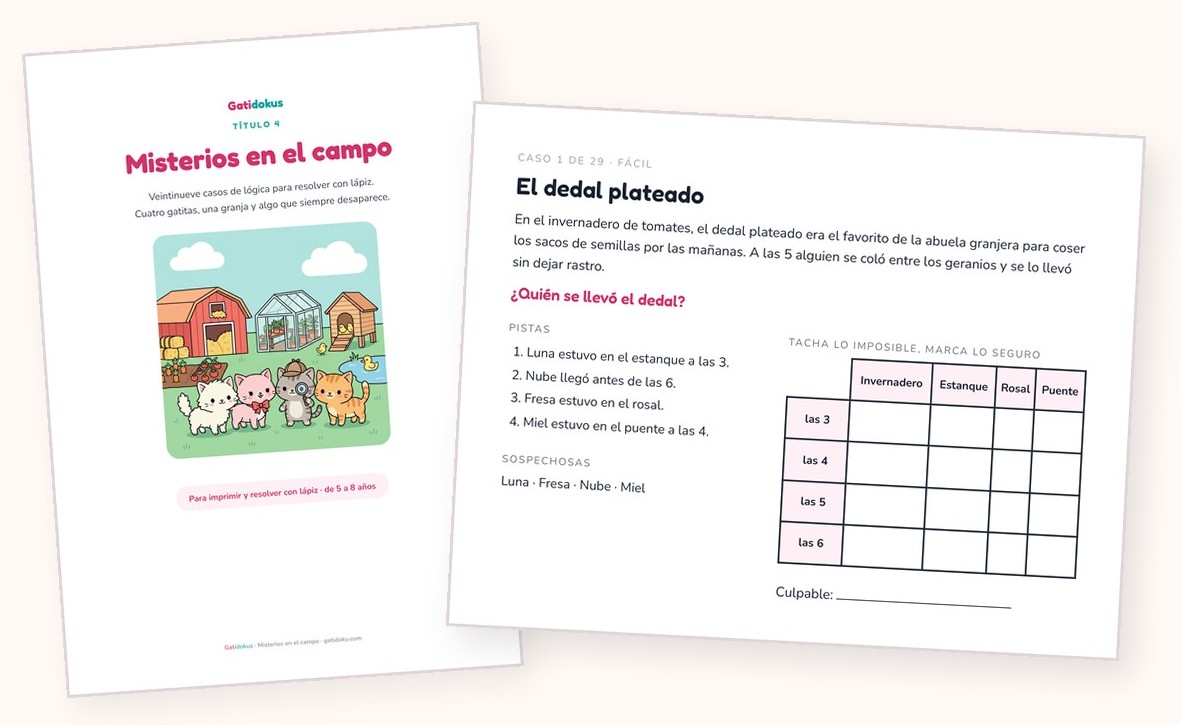Gatidoku 4: portada y página de caso con la cuadrícula