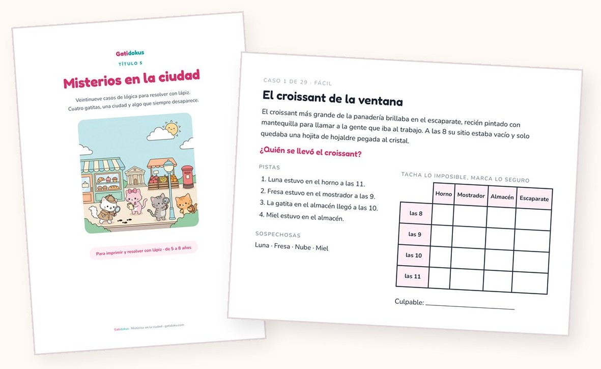Gatidoku 5: portada y página de caso con la cuadrícula