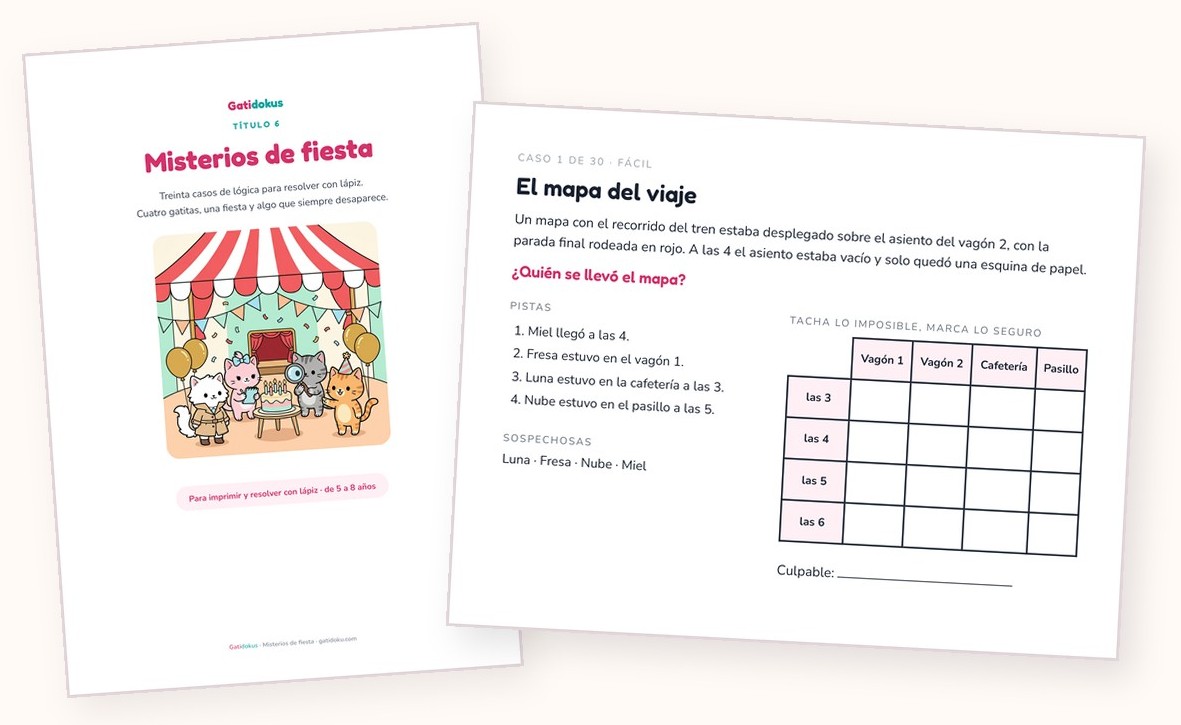 Gatidoku 6: portada y página de caso con la cuadrícula